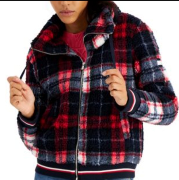 Tommy Hilfiger plaid zip up Hooded Sherpa Fleece Jacket Traditional Sky Captain - Picture 1 of 2